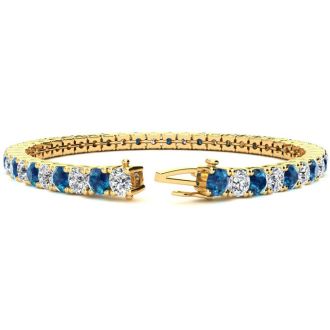 11 1/5 Carat Blue and White Diamond Mens Tennis Bracelet In 14 Karat Yellow Gold, 8 1/2 Inches