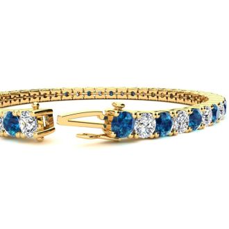 11 1/5 Carat Blue and White Diamond Mens Tennis Bracelet In 14 Karat Yellow Gold, 8 1/2 Inches