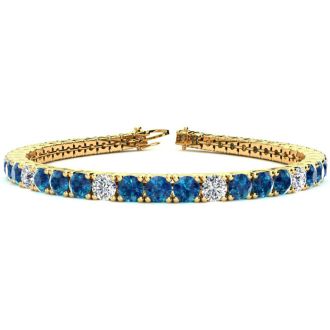 10 1/2 Carat Blue and White Diamond Alternating Mens Tennis Bracelet In 14 Karat Yellow Gold, 8 Inches