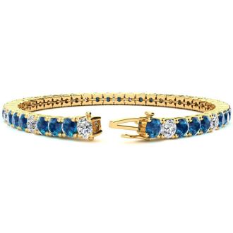 10 1/2 Carat Blue and White Diamond Alternating Mens Tennis Bracelet In 14 Karat Yellow Gold, 8 Inches