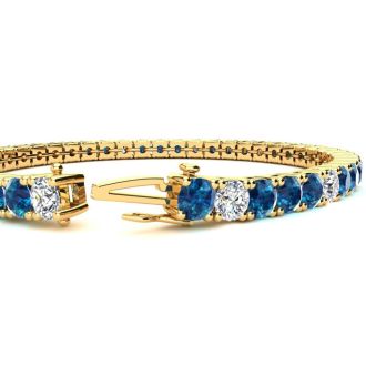 10 1/2 Carat Blue and White Diamond Alternating Mens Tennis Bracelet In 14 Karat Yellow Gold, 8 Inches