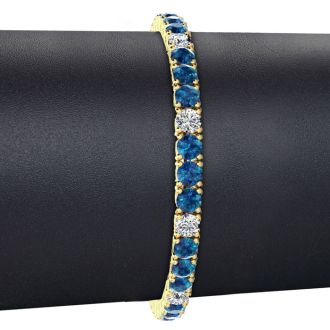 10 1/2 Carat Blue and White Diamond Alternating Mens Tennis Bracelet In 14 Karat Yellow Gold, 8 Inches