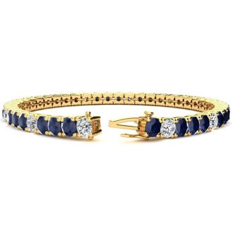 12 3/4 Carat Sapphire and Diamond Alternating Mens Tennis Bracelet In 14 Karat Yellow Gold, 7 1/2 Inches