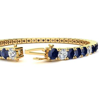 12 3/4 Carat Sapphire and Diamond Alternating Mens Tennis Bracelet In 14 Karat Yellow Gold, 7 1/2 Inches