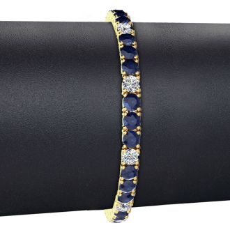 12 3/4 Carat Sapphire and Diamond Alternating Mens Tennis Bracelet In 14 Karat Yellow Gold, 7 1/2 Inches