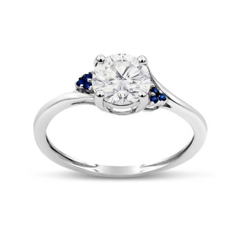 3/4 Carat Moissanite and Created Sapphire Ring In Sterling Silver