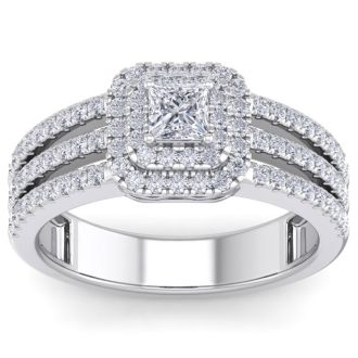 1 Carat Princess Shape Double Halo Diamond Engagement Ring In 14 Karat White Gold