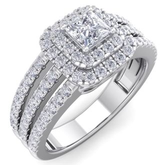 1 Carat Princess Shape Double Halo Diamond Engagement Ring In 14 Karat White Gold