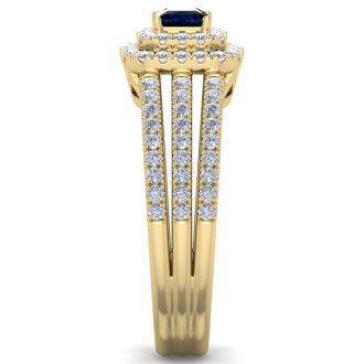 1 Carat Princess Shape Double Halo Sapphire and Diamond Engagement Ring In 14 Karat Yellow Gold