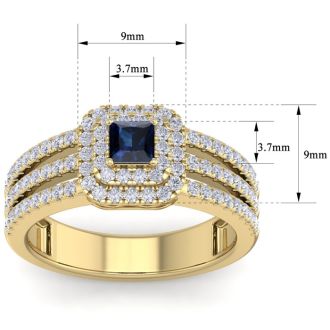 1 Carat Princess Shape Double Halo Sapphire and Diamond Engagement Ring In 14 Karat Yellow Gold