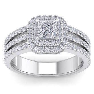 1 1/2 Carat Princess Shape Double Halo Diamond Engagement Ring In 14 Karat White Gold
