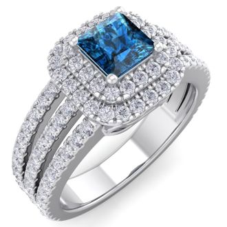 1 1/2 Carat Princess Shape Double Halo Blue and White Diamond Engagement Ring In 14 Karat White Gold