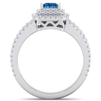 1 1/2 Carat Princess Shape Double Halo Blue and White Diamond Engagement Ring In 14 Karat White Gold