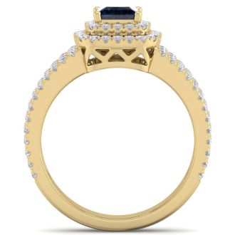 1 1/2 Carat Princess Shape Double Halo Sapphire and Diamond Engagement Ring In 14 Karat Yellow Gold
