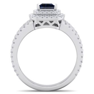 2 Carat Princess Shape Double Halo Sapphire and Diamond Engagement Ring In 14 Karat White Gold