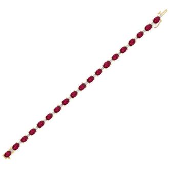 Ruby Bracelet; Ruby Tennis Bracelet; 11 Carat Oval Shape Ruby and Diamond Bracelet In 14 Karat Yellow Gold