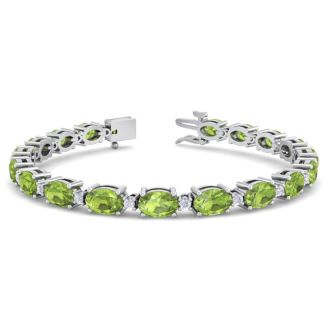10 Carat Oval Shape Peridot and Diamond Bracelet In 14 Karat White Gold, 7 Inches