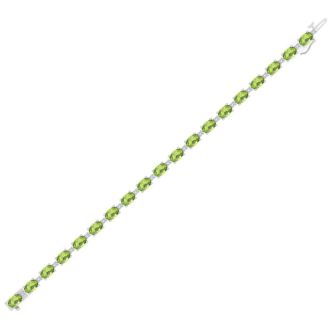 10 Carat Oval Shape Peridot and Diamond Bracelet In 14 Karat White Gold, 7 Inches