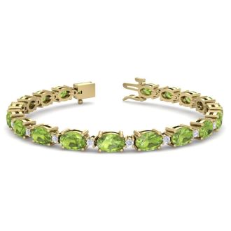 10 Carat Oval Shape Peridot and Diamond Bracelet In 14 Karat Yellow Gold, 7 Inches