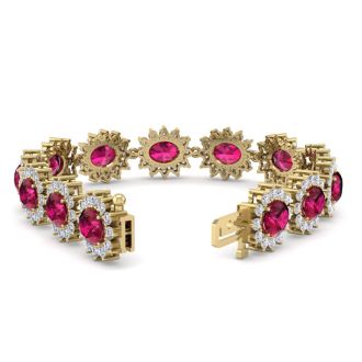 Ruby Bracelet; Ruby Tennis Bracelet; 25 Carat Oval Shape Ruby and Halo Diamond Bracelet In 14 Karat Yellow Gold