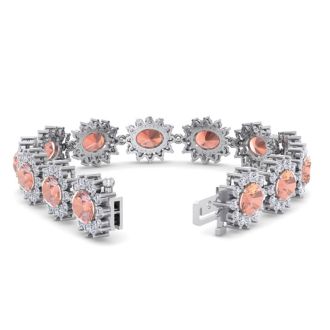 19 Carat Oval Shape Morganite Bracelet With Diamond Halo In 14 Karat White Gold, 7 Inches