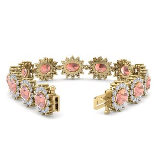 19 Carat Oval Shape Morganite Bracelet With Diamond Halo In 14 Karat Yellow Gold, 7 Inches