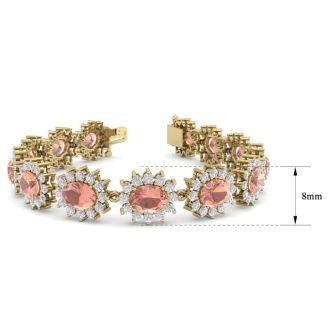 19 Carat Oval Shape Morganite Bracelet With Diamond Halo In 14 Karat Yellow Gold, 7 Inches