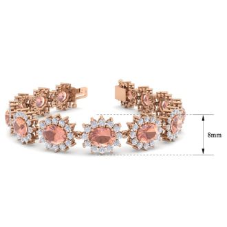 19 Carat Oval Shape Morganite Bracelet With Diamond Halo In 14 Karat Rose Gold, 7 Inches