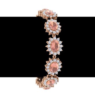 19 Carat Oval Shape Morganite Bracelet With Diamond Halo In 14 Karat Rose Gold, 7 Inches