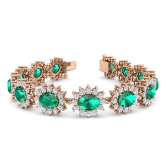 19 Carat Oval Shape Emerald and Halo Diamond Bracelet In 14 Karat Rose Gold, 7 Inches