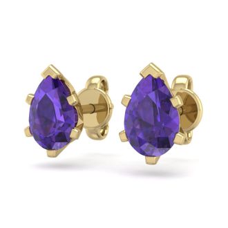 1 Carat Pear Shape Amethyst Stud Earrings In 14K Yellow Gold Over Sterling Silver