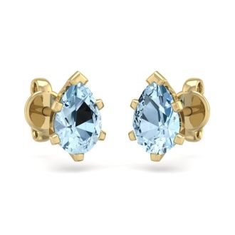 Aquamarine Earrings: Aquamarine Jewelry: 1 Carat Pear Shape Aquamarine Stud Earrings In 14K Yellow Gold Over Sterling Silver