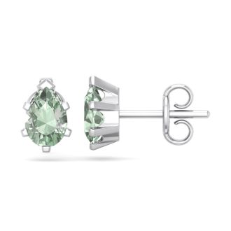 1 Carat Pear Shape Green Amethyst Stud Earrings In Sterling Silver