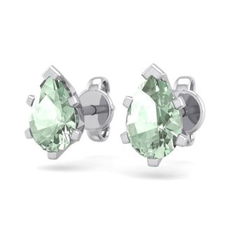 1 Carat Pear Shape Green Amethyst Stud Earrings In Sterling Silver