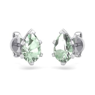 1 Carat Pear Shape Green Amethyst Stud Earrings In Sterling Silver