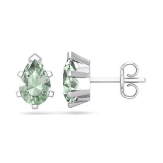 1 1/2 Carat Pear Shape Green Amethyst Stud Earrings In Sterling Silver