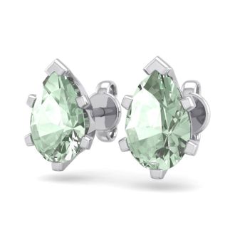 1 1/2 Carat Pear Shape Green Amethyst Stud Earrings In Sterling Silver