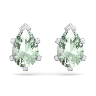 1 1/2 Carat Pear Shape Green Amethyst Stud Earrings In Sterling Silver