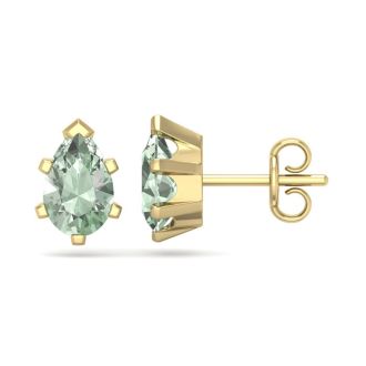 1 1/2 Carat Pear Shape Green Amethyst Stud Earrings In 14K Yellow Gold Over Sterling Silver