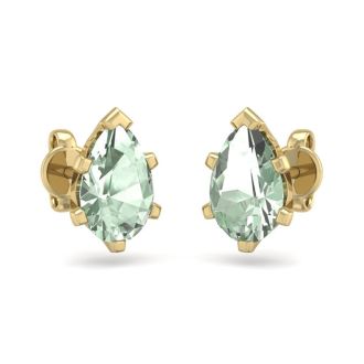 1 1/2 Carat Pear Shape Green Amethyst Stud Earrings In 14K Yellow Gold Over Sterling Silver