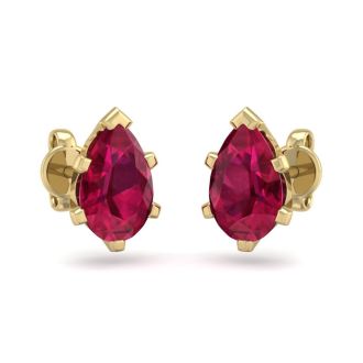 2 Carat Pear Shape Ruby Stud Earrings In 14K Yellow Gold Over Sterling Silver