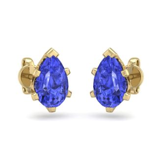 2 Carat Pear Shape Tanzanite Stud Earrings In 14K Yellow Gold Over Sterling Silver