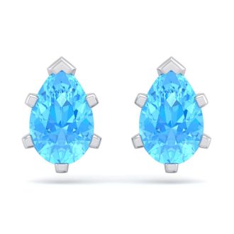 2 Carat Pear Shape Blue Topaz Stud Earrings In Sterling Silver