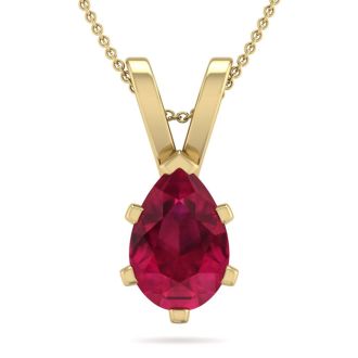 1 1/2 Carat Pear Shape Ruby Necklace In 14K Yellow Gold Over Sterling Silver, 18 Inches