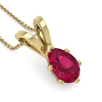 1 1/2 Carat Pear Shape Ruby Necklace In 14K Yellow Gold Over Sterling Silver, 18 Inches
