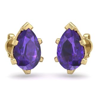 2 Carat Pear Shape Amethyst Stud Earrings In 14K Yellow Gold Over Sterling Silver