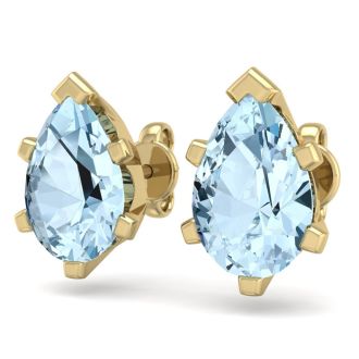 Aquamarine Earrings: Aquamarine Jewelry: 2 1/3 Carat Pear Shape Aquamarine Stud Earrings In 14K Yellow Gold Over Sterling Silver