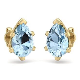 Aquamarine Earrings: Aquamarine Jewelry: 2 1/3 Carat Pear Shape Aquamarine Stud Earrings In 14K Yellow Gold Over Sterling Silver