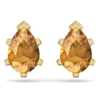 2 Carat Pear Shape Citrine Stud Earrings In 14K Yellow Gold Over Sterling Silver