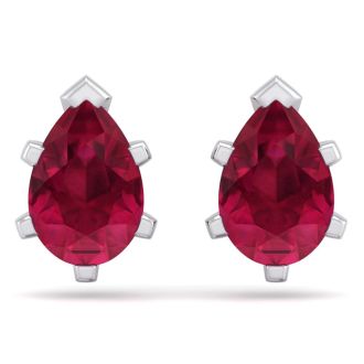 3 Carat Pear Shape Ruby Stud Earrings In Sterling Silver